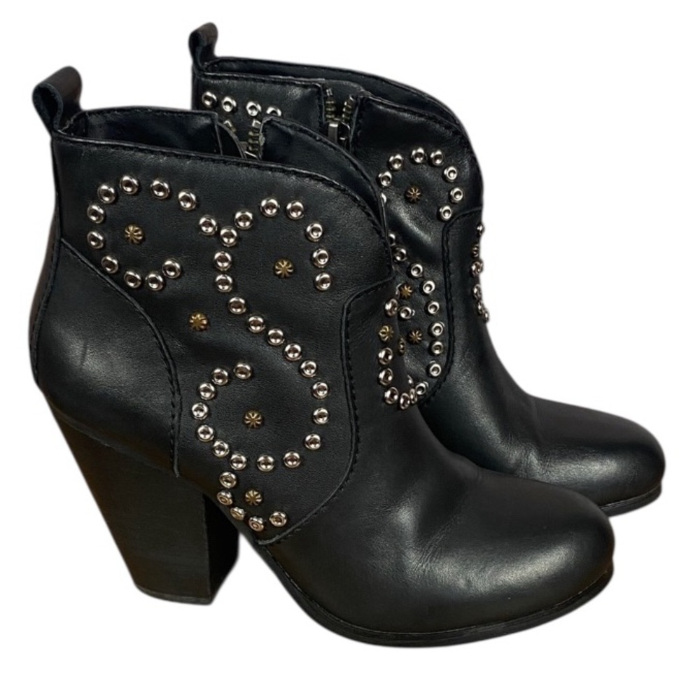 Steve Madden Awsum Studded Leather Black Heeled Western Ankle Boots Sz 7 - Picture 4 of 17